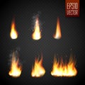 Fire flames isolated on transparent background. Vector realistic special effect