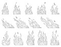 Fire flames line icon set. Cartoon heat wildfire or bonfire, burn power fiery. Power light energy silhouettes linear Royalty Free Stock Photo