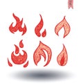 Fire flames, set icons, vector illustration. Royalty Free Stock Photo