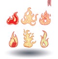 Fire flames, set icons, vector illustration. Royalty Free Stock Photo