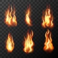 Fire flames set realistic isolated on transparent background. Vector illustration. Royalty Free Stock Photo