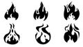 Fire flames, set vector icons. Flames icons. Flame silhouettes. Black firing icons, warning symbols isolated on white. Burning Royalty Free Stock Photo