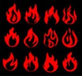 Fire flames, set vector icons. Fire icon. Isolated on white background. Scarlet flame on a black background icon set. Royalty Free Stock Photo