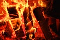 Fire and flames Sparks and flames close-up. Fireplace with logs and flames.Multicolored flame.Firewood burning in Royalty Free Stock Photo