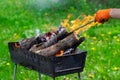 Fire, flames from wood ember for grill or bbq picnic, fume and firewood outdoo Royalty Free Stock Photo