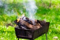 Fire, flames from wood ember for grill or bbq picnic, fume and firewood outdoo Royalty Free Stock Photo