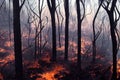 Fire flare in forest with smoke among trees dramatic background. Strong wildfire devouring hills and plants with Royalty Free Stock Photo