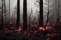 Fire flare in forest with smoke among trees dramatic background. Strong wildfire devouring hills and plants with