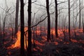 Fire flare in forest with smoke among trees dramatic background. Strong wildfire devouring hills and plants with