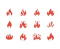 Fire flat glyph icons. Flame shapes silhouette, bonfire vector illustration, flammable warning sign, red color