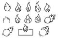 fire flat line icons, flames, flame of various shapes, bonfire vector Royalty Free Stock Photo