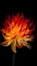 Fire flower, in flame glows on black background. AI generative. Burning Royalty Free Stock Photo