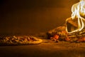 Pizza on wood burning fire oven Royalty Free Stock Photo