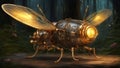 fire fly on a leaf A steampunk flashing firefly lightning bug. The firefly is a mechanical insect that is powered by steam Royalty Free Stock Photo