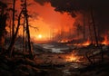 Fire in the forest. Disaster in the landscape. AI generated