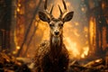Fire in the forest, flame lights, frightened wild deer close-up, dark background. AI generated.