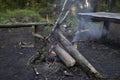 Fire in forest. Large bonfire of logs. Smoke from flames. Combustion process Royalty Free Stock Photo
