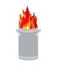 Fire In garbage can. Trash can burns.