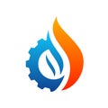 Fire with Gear logo Vector. Flame Logo Design Template. Icon Symbol Royalty Free Stock Photo