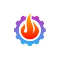 Fire with Gear logo Vector. Flame Logo Design Template. Icon Symbol Royalty Free Stock Photo