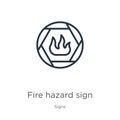 Fire hazard sign icon. Thin linear fire hazard sign outline icon isolated on white background from signs collection. Line vector Royalty Free Stock Photo