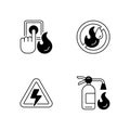 Fire hazards instructions black linear icons set