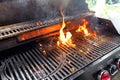 The fire heats up the grate on a gas grill for grilling meat