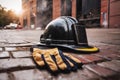 Fire helmet and gloves lies on the asphalt