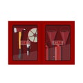 Fire hose cabinet on white background. Box with firefighter`s equipment: axe, extinguisher, hose and bucket