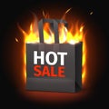 Fire hot sale bag. Super discounts season advertisement, realistic burning shopping handbag, black paper pack with fire Royalty Free Stock Photo