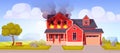 Fire in house, burning two-storey suburban cottage Royalty Free Stock Photo