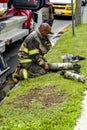 A Fireman at a house fire in downtown Toledo