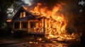 Fire in house. The house is on fire, engulfed in flames. Burning building. Wildfire. Inferno Destroys Home. Catastrophe Royalty Free Stock Photo