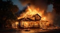 Fire in house. The house is on fire, engulfed in flames. Burning building. Wildfire. Inferno Destroys Home. Catastrophe