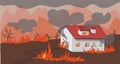 Fire in house - natural disaster. trouble, fire safety. flame burn fighting rules. vector illustration