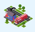 Fire in house, fire truck, police car near burning building vector illustration isometric. Firefighting rescue service.