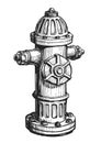 Fire hydrant isolated. Firefighter equipment vector illustration. Hand drawn sketch in vintage engraving style