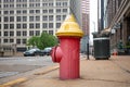 Fire hydrant red color in the city center, cloudy sky Royalty Free Stock Photo