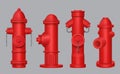 Fire hydrant. Red construction with valves street pipes for water decent vector realistic illustration Royalty Free Stock Photo