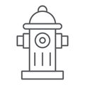 Fire hydrant thin line icon, equipment and protection, extinguish sign, vector graphics, a linear pattern on a white