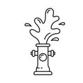 Fire hydrant with water fountain. Linear icon of gushing fireplug. Black illustration of street aqua pipe. Contour isolated vector Royalty Free Stock Photo