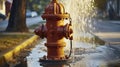 Fire hydrant wide open gushing water onto the street, where water is falling back down over the pavement. Generative AI Royalty Free Stock Photo