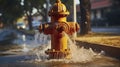 Fire hydrant wide open gushing water onto the street, where water is falling back down over the pavement. Generative AI Royalty Free Stock Photo