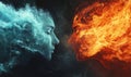 Fire and Ice: Duality of Elements Represented by Fiery and Icy Female Faces in Ethereal Smoke Royalty Free Stock Photo