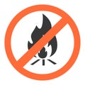 Fire icon. Burning flame. Bonfire forbidden symbol. Crossed red circle. Combustion prevent. Campfire restriction