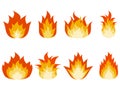 Fire icon set in flat style isolated on white background. Collection of fire icons of different shapes. Design for banners, Royalty Free Stock Photo