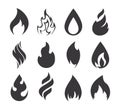 Fire icon. Simple black fire flames set isolated on white background. Collection of silhouette light effect elements for web. Royalty Free Stock Photo