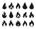 Fire icons. Burning flame silhouette logos, simple fire symbols for hot sauce and kitchen grill. Vector fire energy Royalty Free Stock Photo