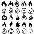 Fire icons. Burning flame silhouette logos, simple fire symbols for hot sauce and kitchen grill. Vector fire energy graphic art te