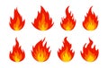 Fire icons. Set of bright burning flame and bonfire icons. Burn sign collection. Vector illustration Royalty Free Stock Photo